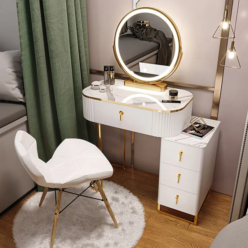 

Nordic Makeup Vanity Furniture Coiffeuse White Dressers Dressing Storage Bedroom LED Bedroom Mirror Table Small Apartment