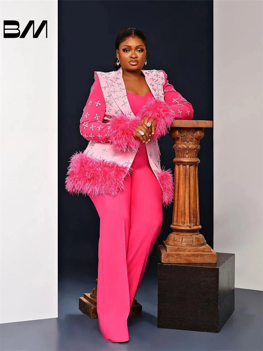 Super Long Pink Feather Slim Fit Pants Suits Set for Women, Wide Leg, Custom Made, Office Lady Party, Prom Dress, Fashion, 2024
