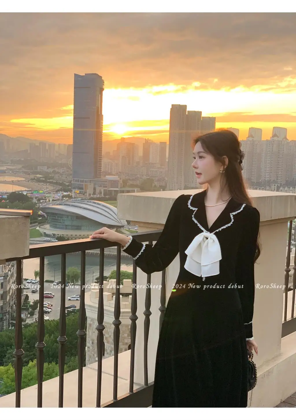 Elegant Vintage Lapel Midi Dresses for Women Bow Long Sleeve Birthday Party Dress A-line Autumn New Korean Fashion Vestido Mujer