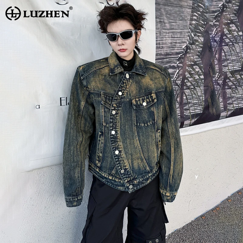 

LUZHEN fashion Asymmetric placket design denim jacket men's 2024 spring high street trendy personality Original outerwear LZ1494