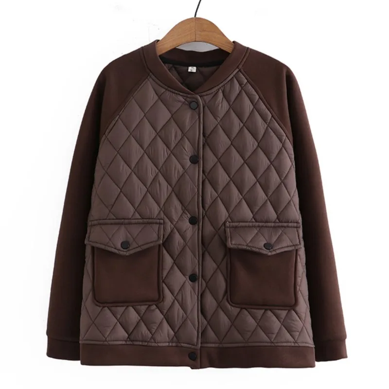 

4XL Plus Size Women Parka Autumn Winter Argyle Cotton Coat Loose Splice Baseball Collar Warm Quilted Jacket