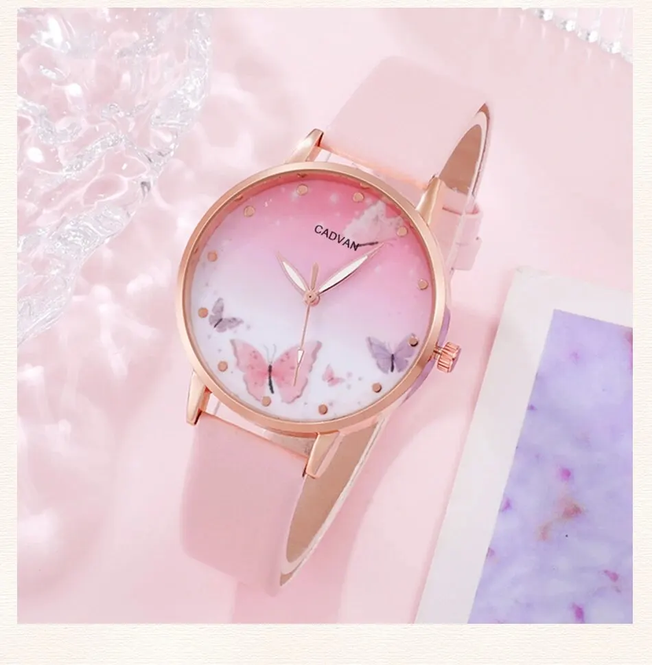 S7ba7fa5ce6a740ba8332ac2282000385k 6PCS Set Women Fashion Quartz Watch Female Clock Pink Butterfly Dial Luxury Brand Design Ladies Leather Wrist Watch Montre Femme Mallzona