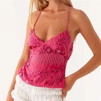 Été femmes Y2k paillettes licou culture hauts perle embelli haut caraco été paillettes col en V strass Camisole débardeur 5