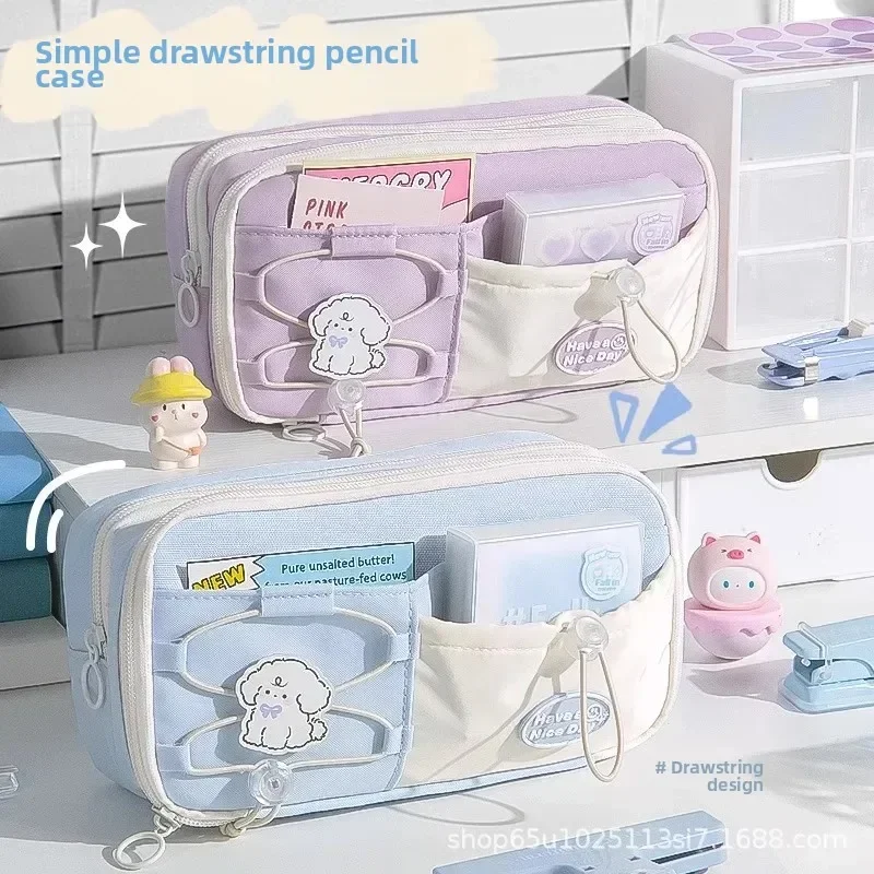 Adorable Multi-Layer High-Appeal Pencil Case Double Drawstring Cute Niche Stationery Box Canvas Material Made in China