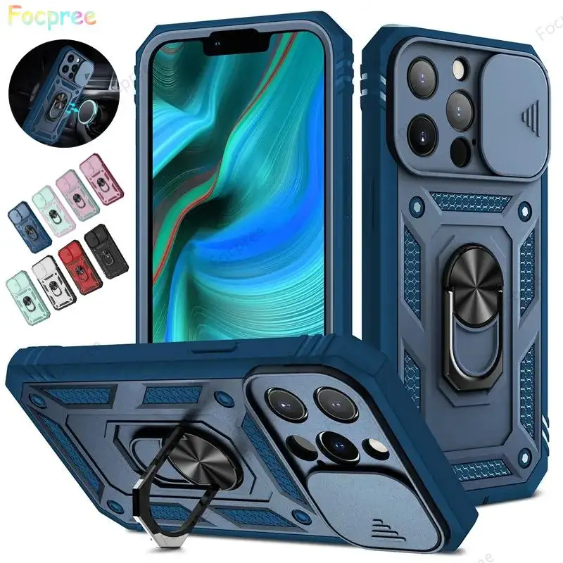 

Slide Camera Protection Armor Phone Case For iPhone 15 14 Plus 13 12 11 Pro XS Max XR Magnetic Ring Holder Bumper Phone Cover