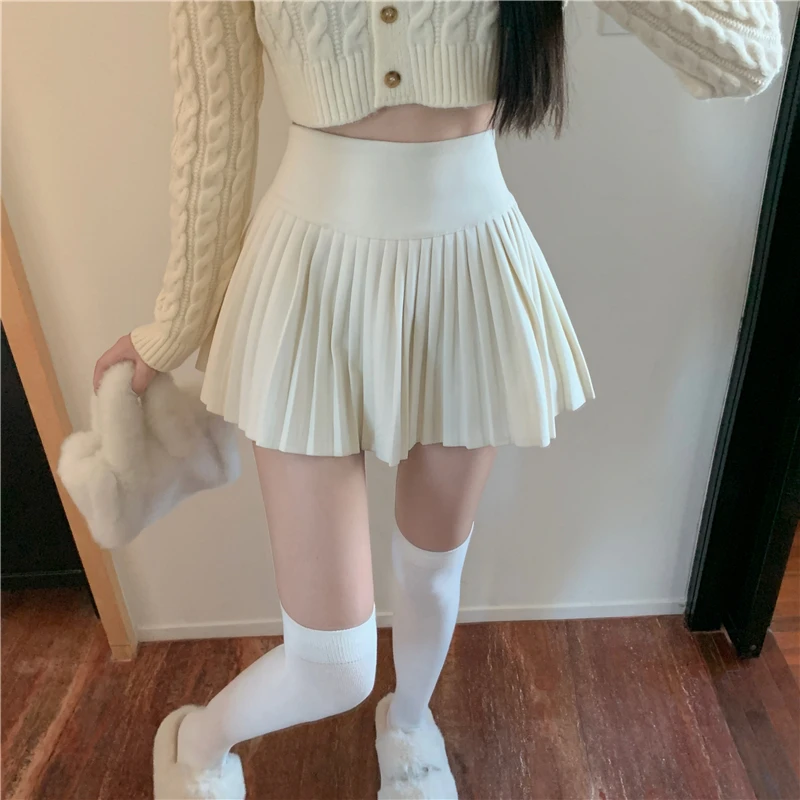 

2023 New Elegant Woolen White Pleated Skirts Sexy Casual Slim College Women High Waist Mini A-Line Clubwear Korean Fashion Style