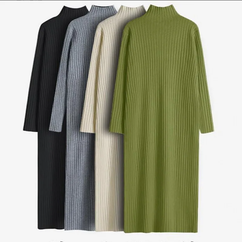 

Knitted Bottomed Sweater for Women Interior 2022 New Autumn Winter Half Turtleneck Long Sweater Korean Over Knee Vintage Dresses
