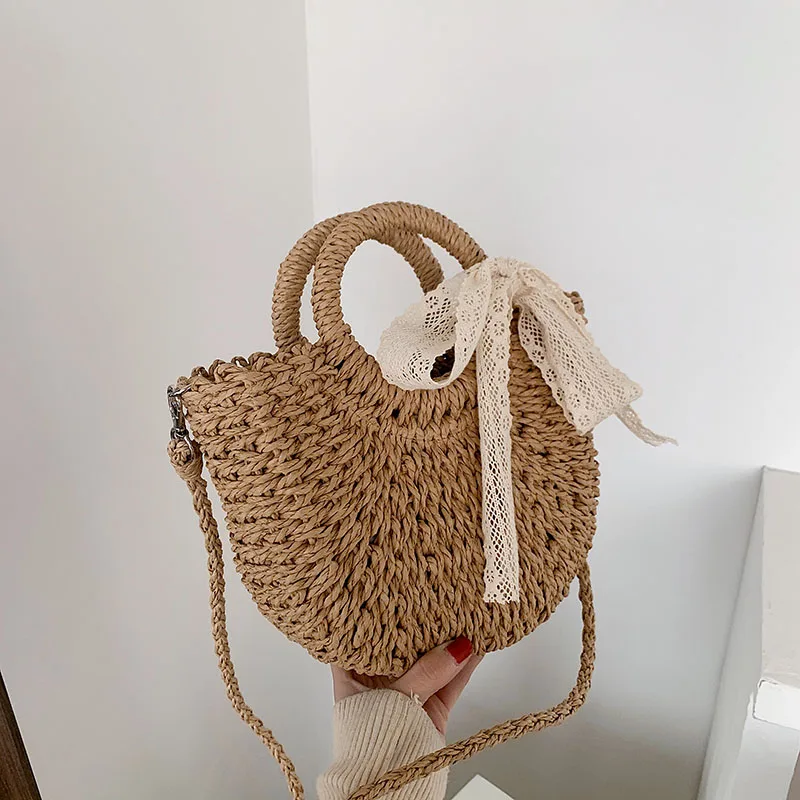 Khaki Small Summer Crossbody Half Round Woven Straw Bag