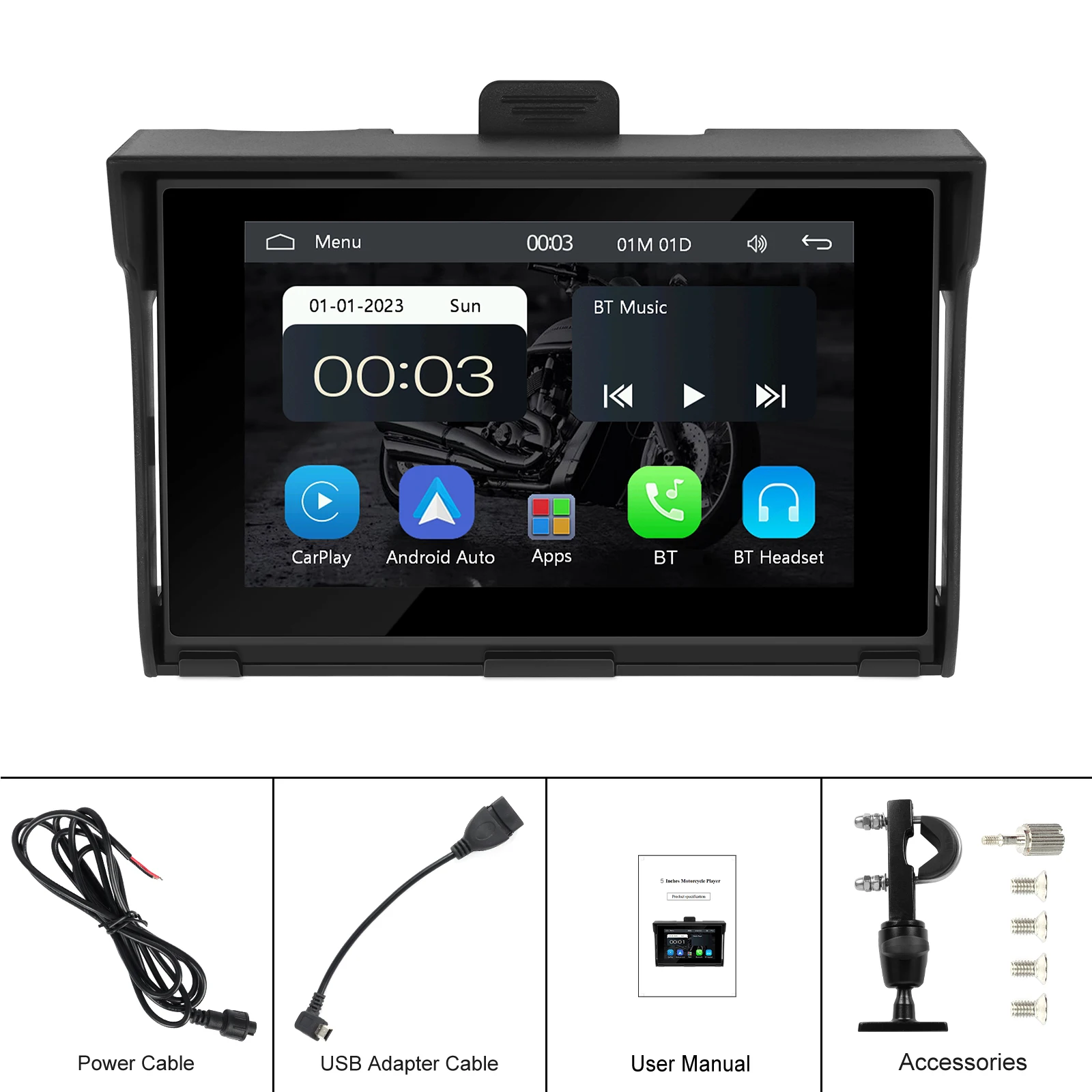 Podofo 5\'\' Motorcycle Carplay Portable Motorcycle Monitor Wireless Carplay Android Auto IP65 Waterproof GPS Navigation Player