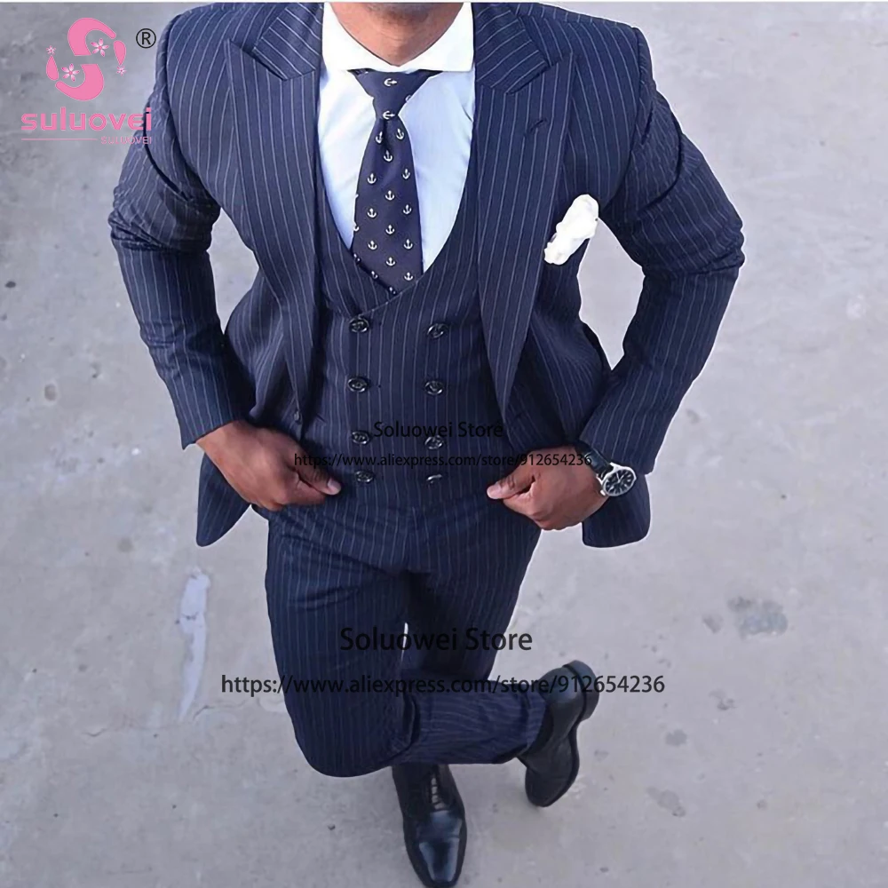 Fashion Stripe Suit For Men Slim Fit 3 Piece Jacket Vest Pants Set Male Business Blazer Formal Groom Wedding Peaked Lapel Tuxedo