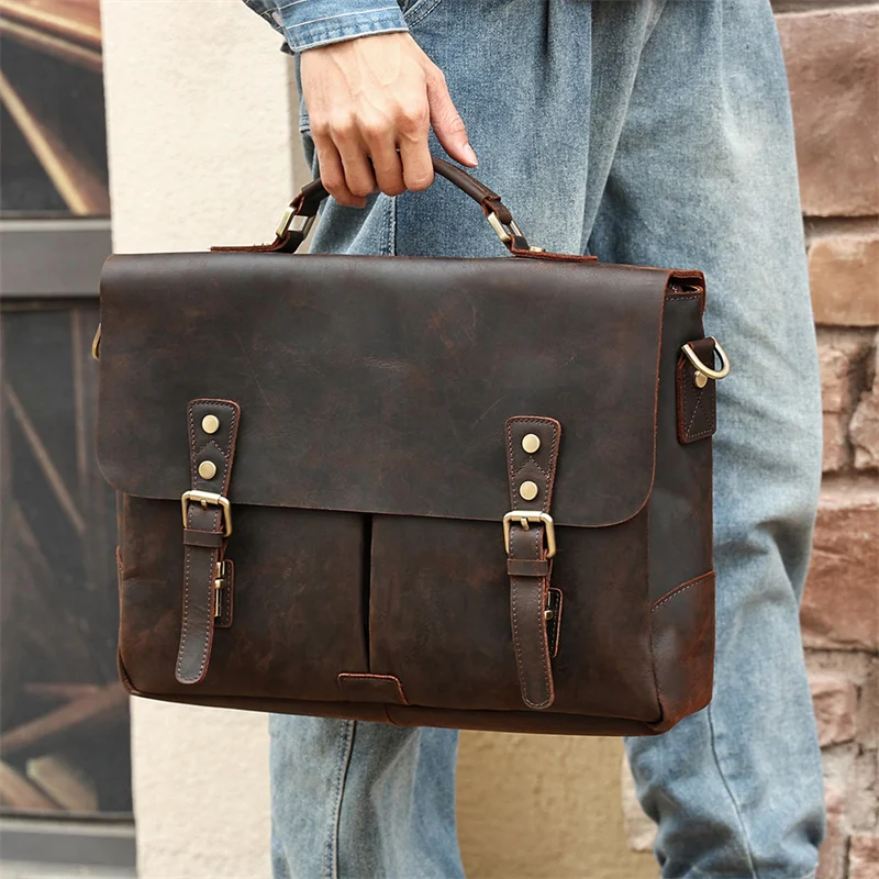 

A4 Vintage Brown Genuine Crazy Horse Leather Executive Men Briefcase Messenger Bag Business Travel 15.6'' Laptop Portfolio M6596