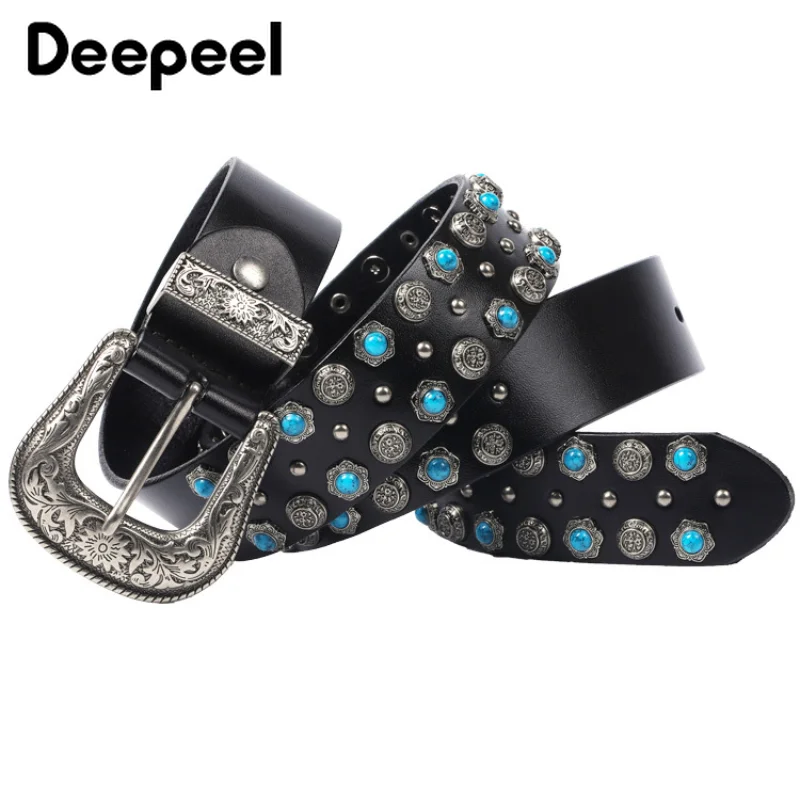 

1Pc Deepeel 3.8*105-125cm Luxury Belts for Women Jeans Punk Rivets Turquoise Inlay Decor Waistband Embossing Pin Belt Buckle