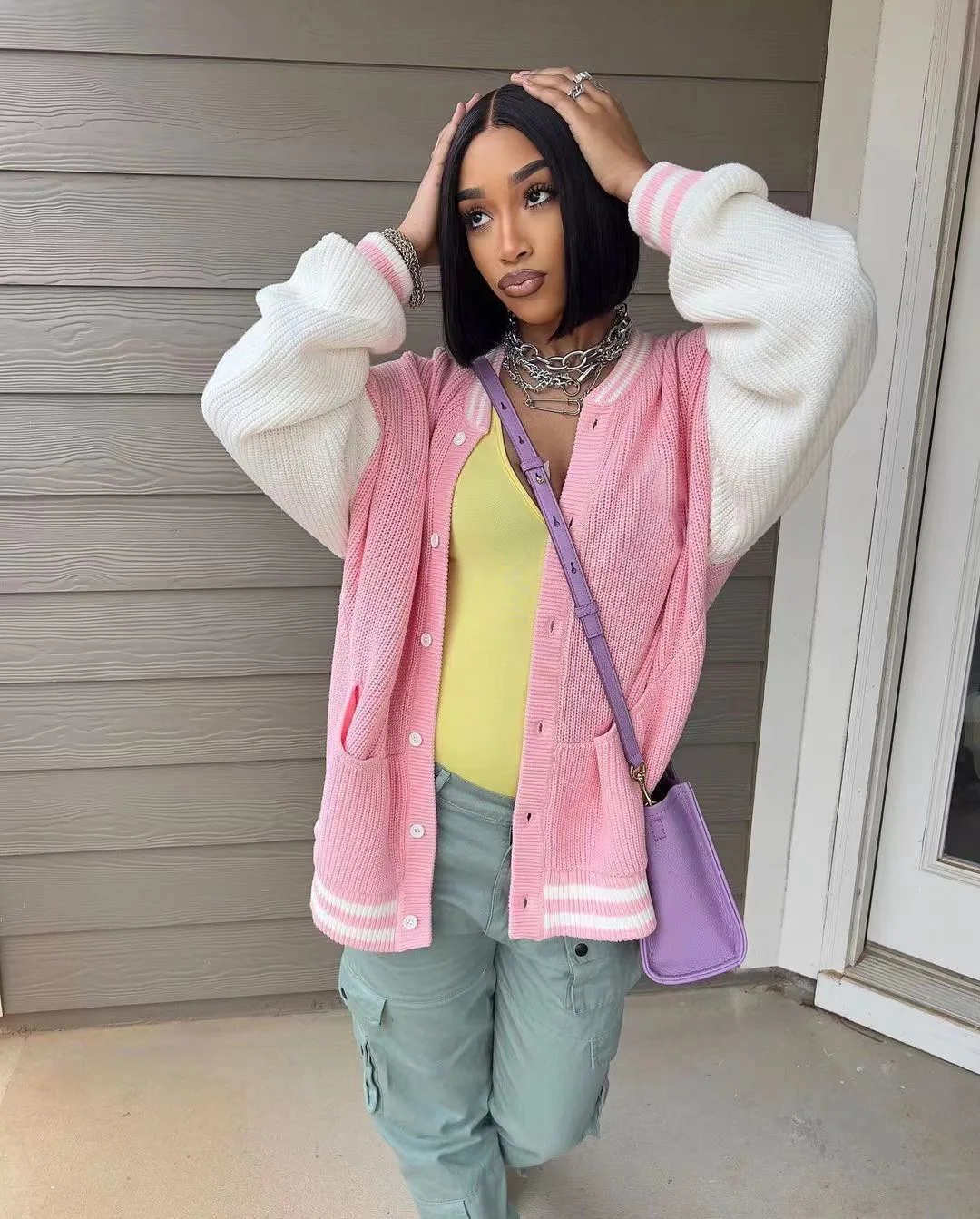 

Fashion Color Patchwork Knitted Baseball Jackets Fall Winter Women O-Neck Long Sleeve Single Breasted Casual Coats Streetwear