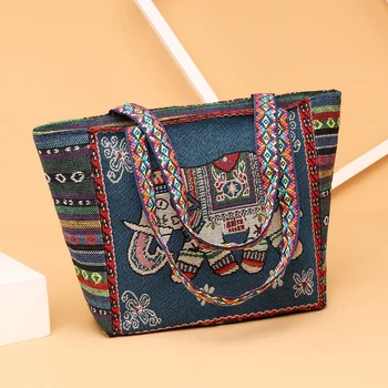 Ethnic Style Elephant Embroidered Canvas Shoulder Tote Bag 1