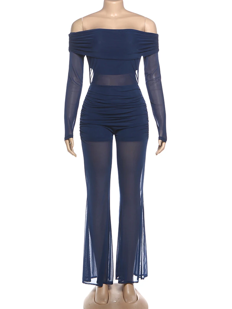 Nibber Fashion Flared Jumpsuits Woman Sexy See Through Slash Neck Backless Full Sleeve Hot Girls High Street Wild Style Overalls