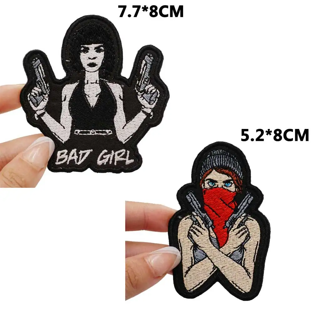 

bad girl with gun Badge Embroidered Applique Sewing Label punk biker Patches with hook backing