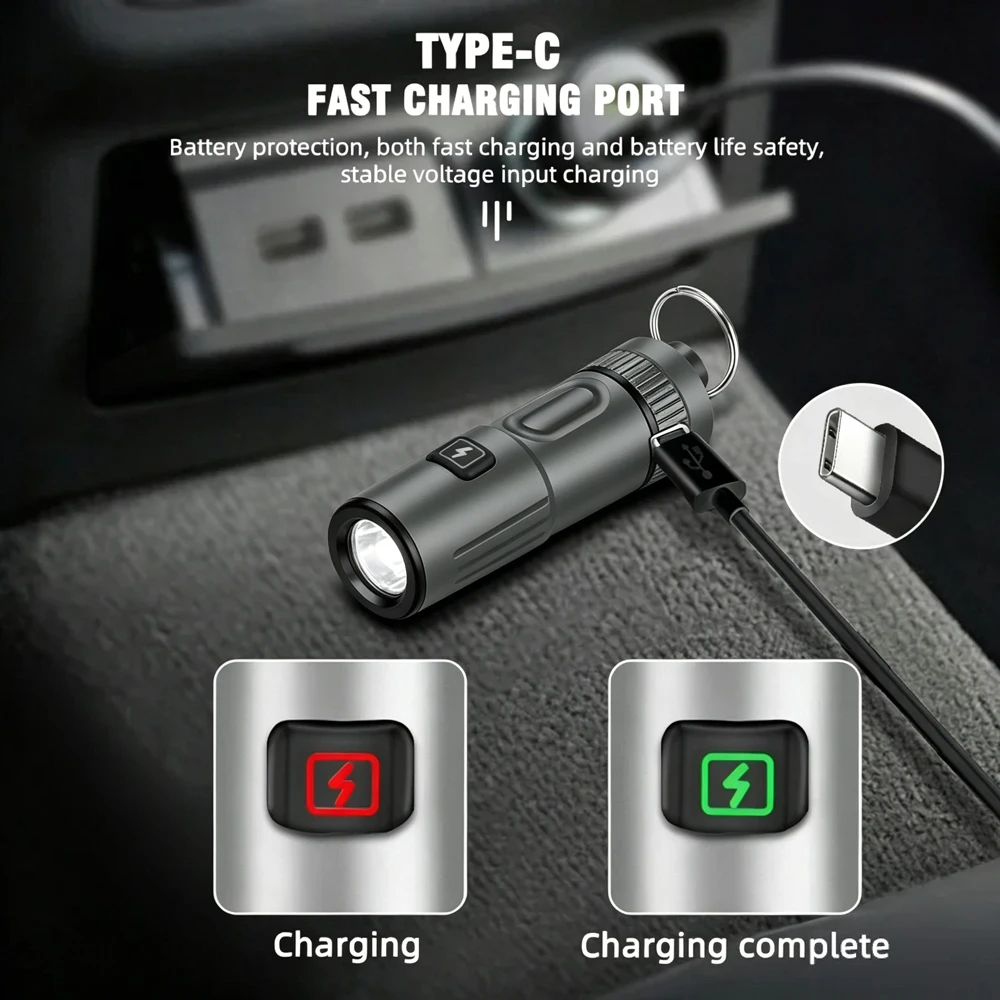 Compact USB Rechargeable LED Keychain Flashlight with Necklace - Portable 6-Mode Lantern for Camping and Emergencies
