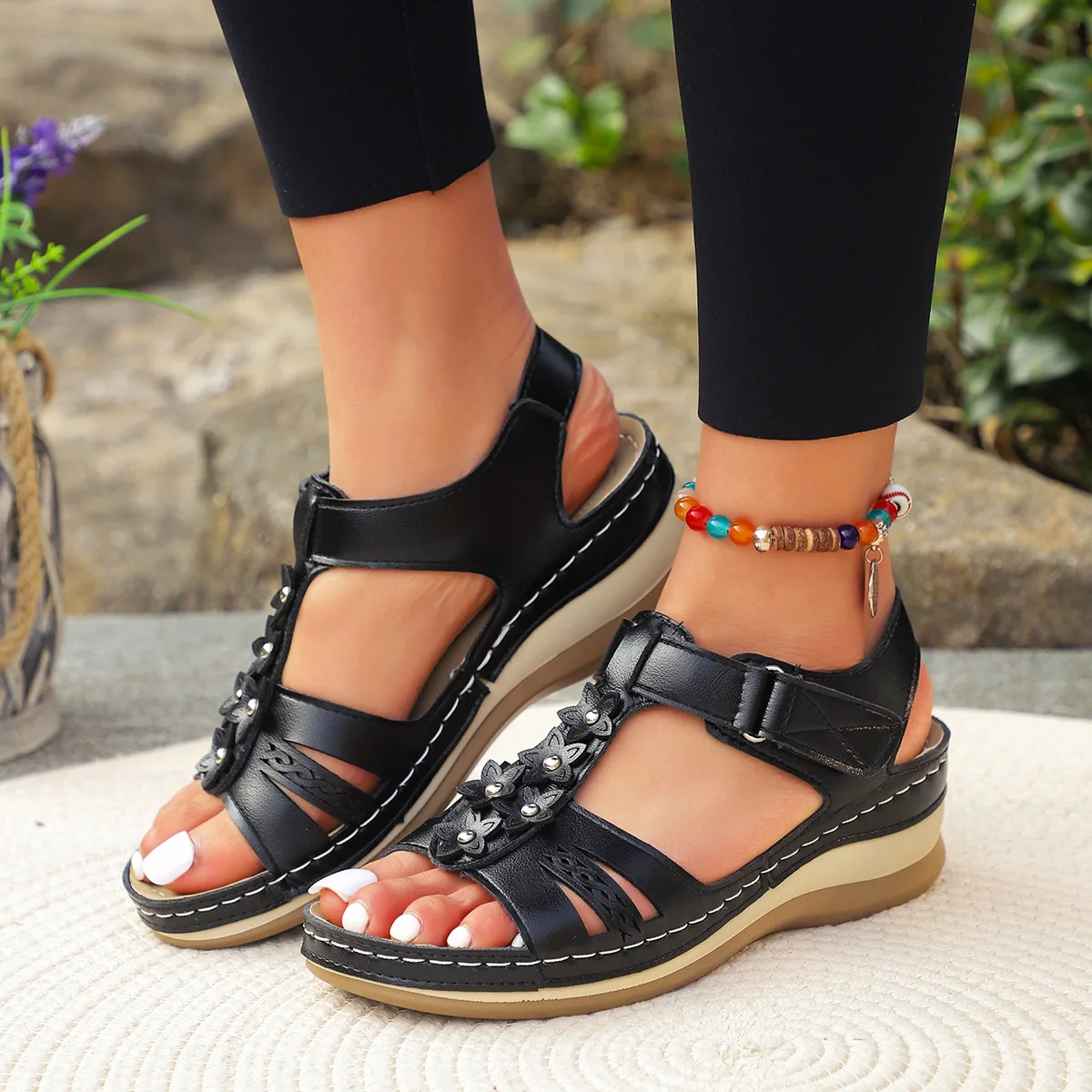 Summer Women’s Sandals 2025 New Flower Wedge Platform Orthopedic Shoes Woman Retro Casual Comfort Peeping Toes