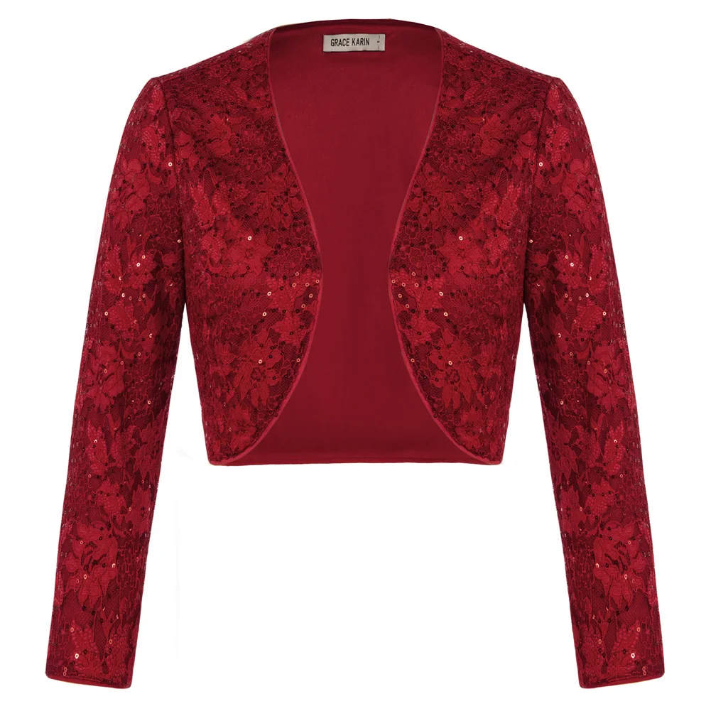 GRACE KARIN-Bolero con lentejuelas para mujer, Chaqueta corta de manga 3/4 con frente abierto, encogimiento de hombros para vestido, elegante, de encaje, brillante, para fiesta, A3 - Image 4