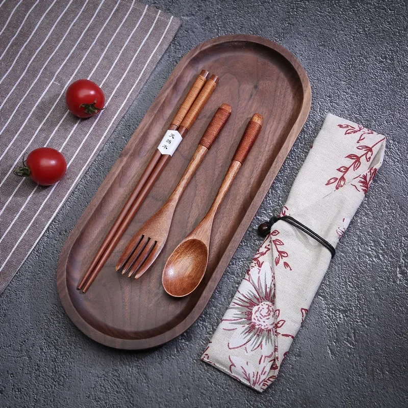 Wooden Tableware Set Cloth Bag Spoon Chopsticks Fork Cutlery Dinnerware Portable Travel Environment Students Kitchen Accessories cutlery set western style cutlery set picnic cutlery set picnic tableware camping cutlery set wooden cutlery set