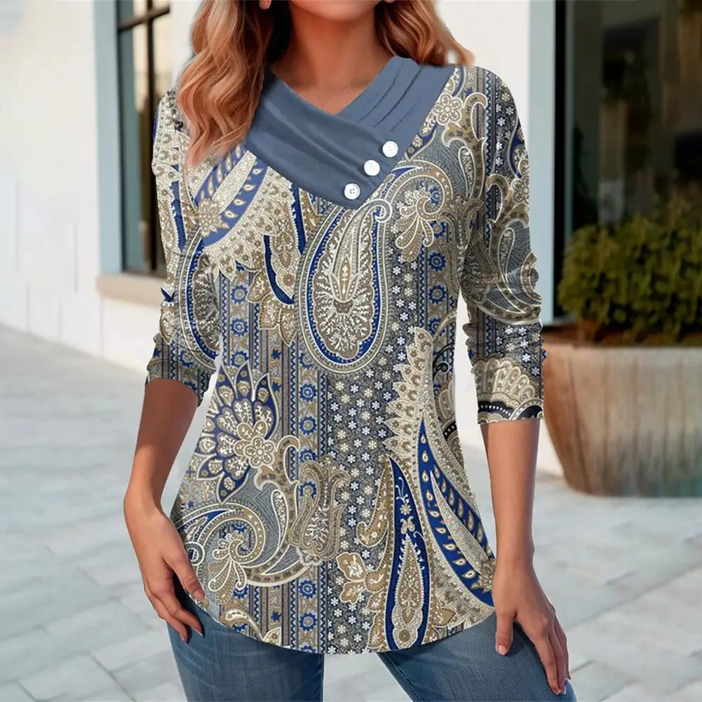 

Women Top Printed Decoration Blouse Digital Print Contrast Color Long Sleeves Women's Spring T-shirt with Oblique V Neck Button