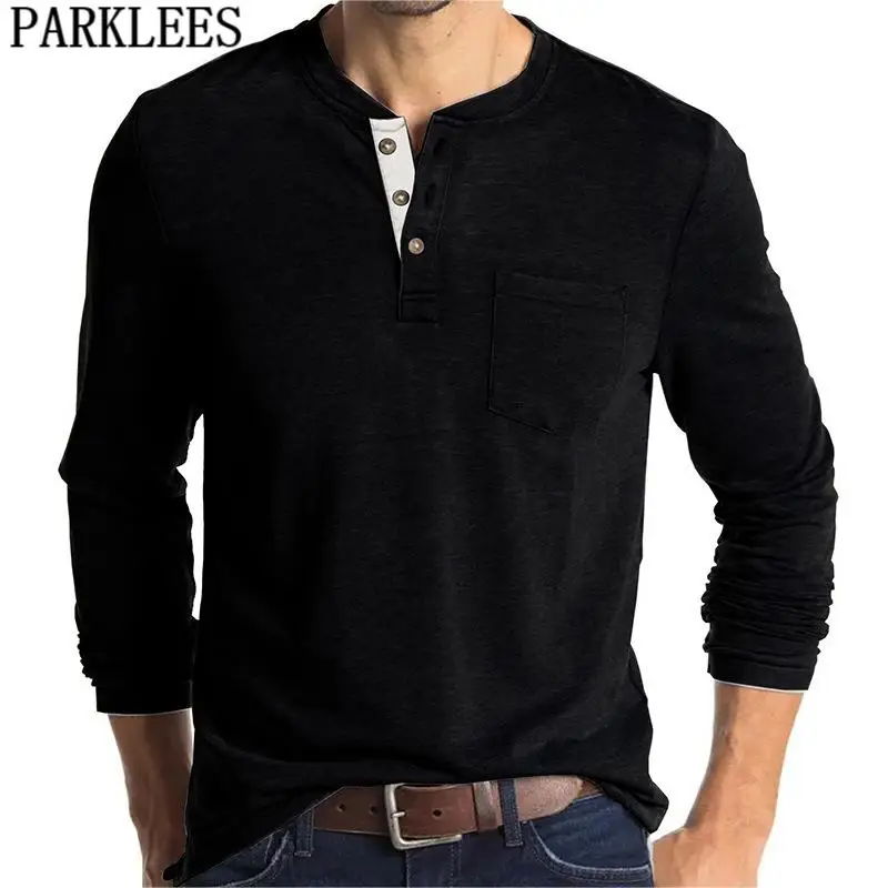 

PARKLEES Men Long Sleeve Black Henley T Shirts Classic Autumn Buttons T Shirt With Pocket Male Casual Daily Pullover Top Hombre