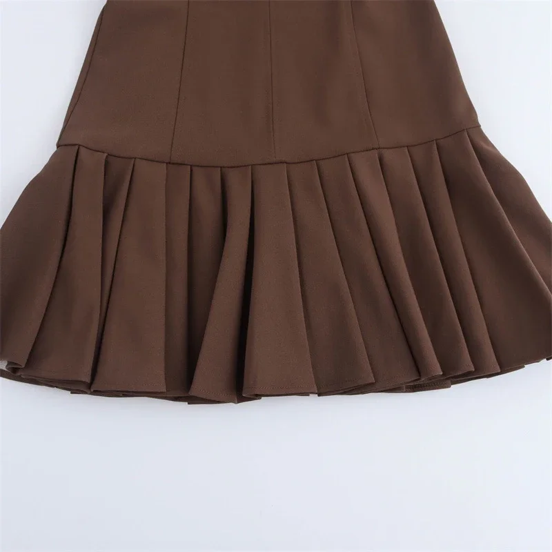 Elegant Pleated Mini Dress Women Brown O-Neck Sleeveless A Line High Waist Party Dresses Fashion Casual New Zipper Robes