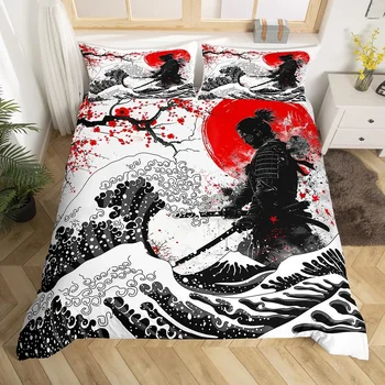 Set biancheria da letto samurai giapponese Full Size Fiori di ciliegio Copripiumino Red Sun Hokusai Copripiumino Copripiumino Fuji Mountain 1