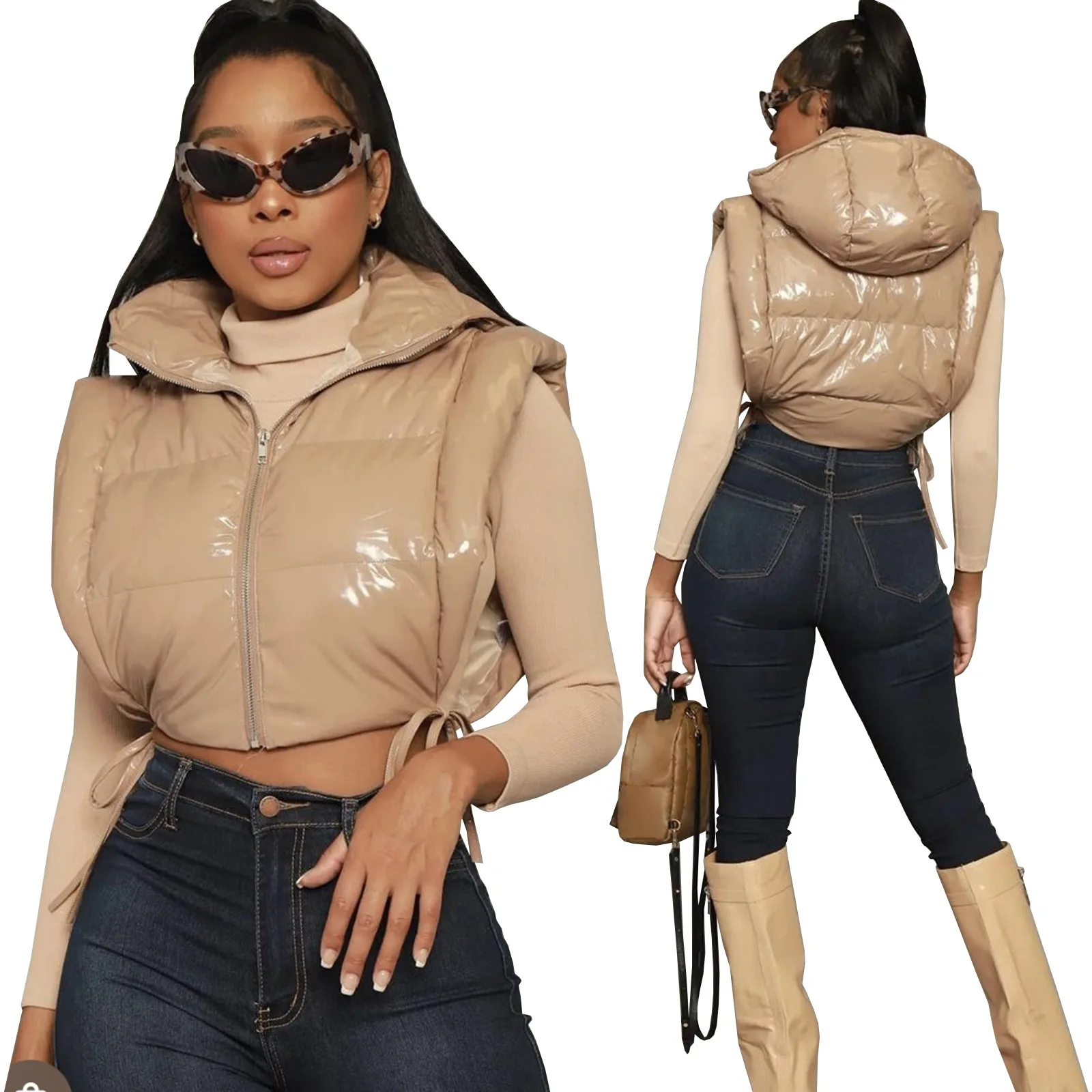 PU Leather Silver Women Crop Vest Coat Zipper Fly Hooded Jacket 2022 Autumn Winter Windproof Bubble Coat High Street Downcoat