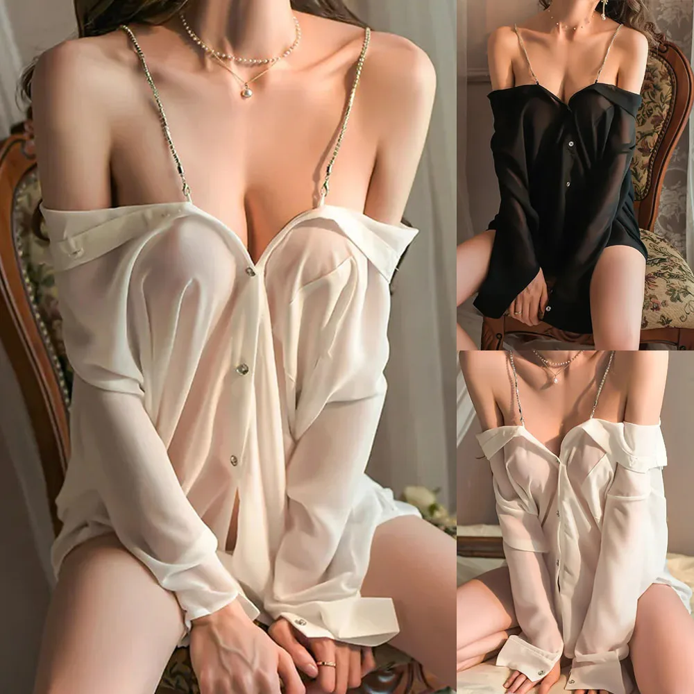 

Hot Sexy Sleepwear Casual Pajamas For Women Sets Suit Chiffon Off Shoulder Shirt Suspender Sleep Tops Nightdress Female Homewear