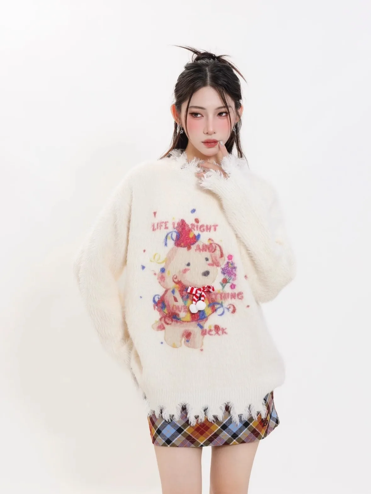 

Christmas puppy three-dimensional bow design irregular knit sweater