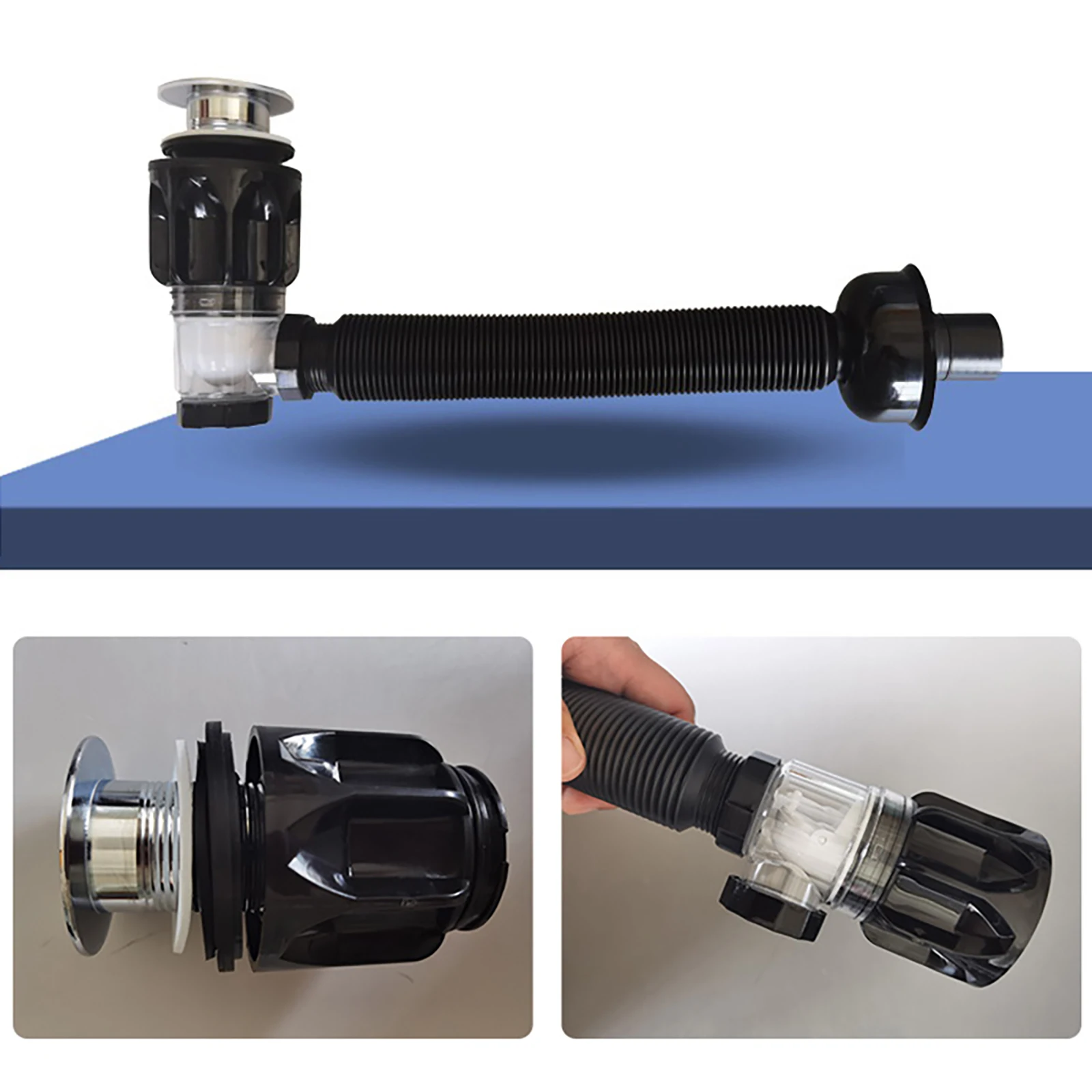 Basin Flip Drain Bathroom Vanity Sink ABS Bottle Trap 110CM Black Pipe