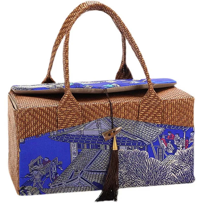 Retro Cloth Storage Bag Rattan Weaving Handbag Cups Sealed Tea Can Gift Box Internally Separated Outdoor Travel Organizer