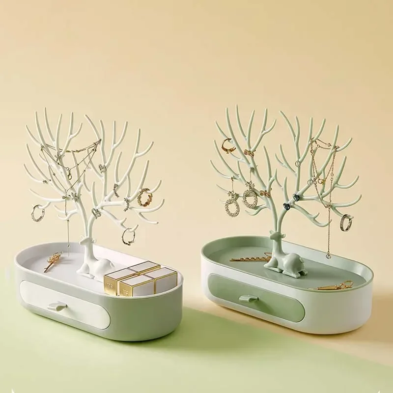 Espositore Per Gioielli Ad Albero Con Corna Di Cervo E Vassoio: Elegante Portagioie Da Tavolo Per Anelli, Bracciali E Collane. Colore Bianco.