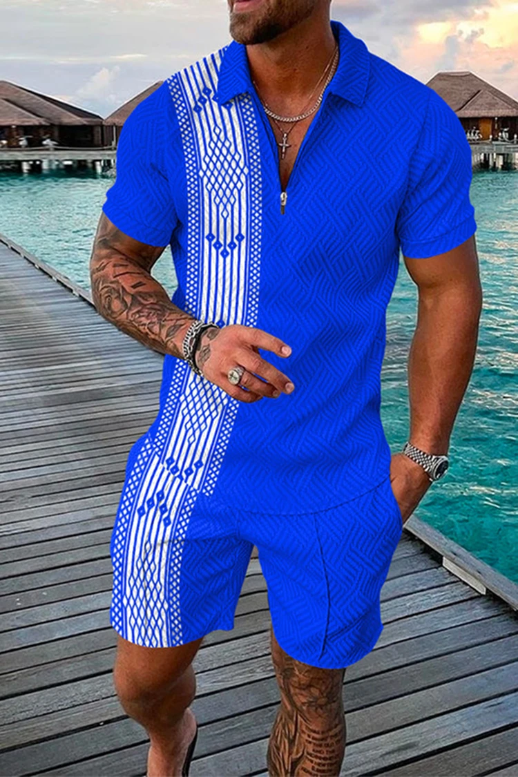 Spring and Summer Men's Suit Polyester Jacquard Craft  Casual  Fashion Blue Polo Shirt   Zipper Two Piece Set