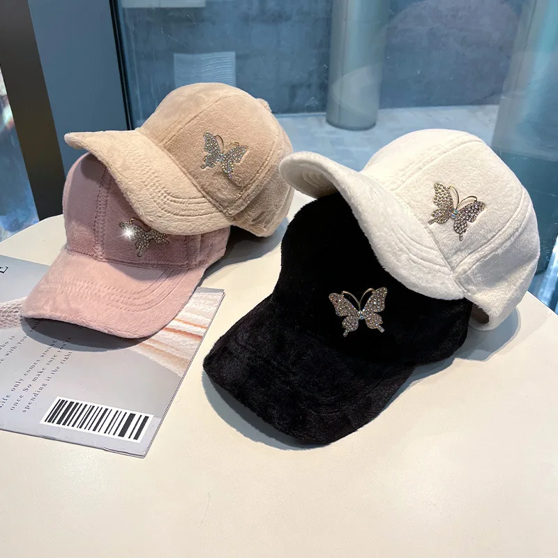 

Korean Version New Rhinestone Butterfly Plush Imitation Rabbit Hair Baseball Cap Women's Fashion Warm Hats Unisex Peaked Hat