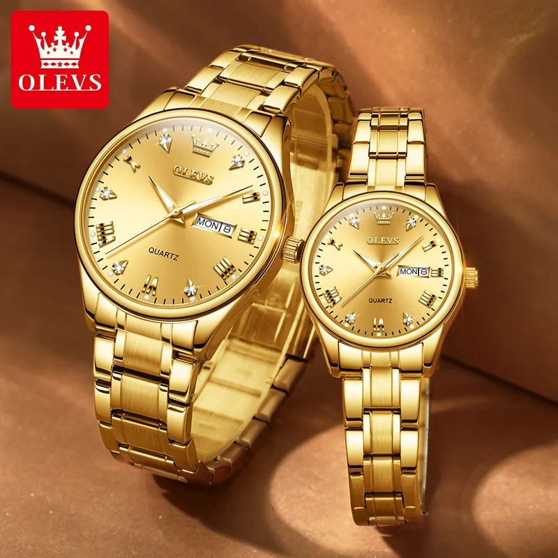OLEVS 5563 Original Couple Watch Men Women Stainless Steel Waterproof Dual Calendar Quartz Watches