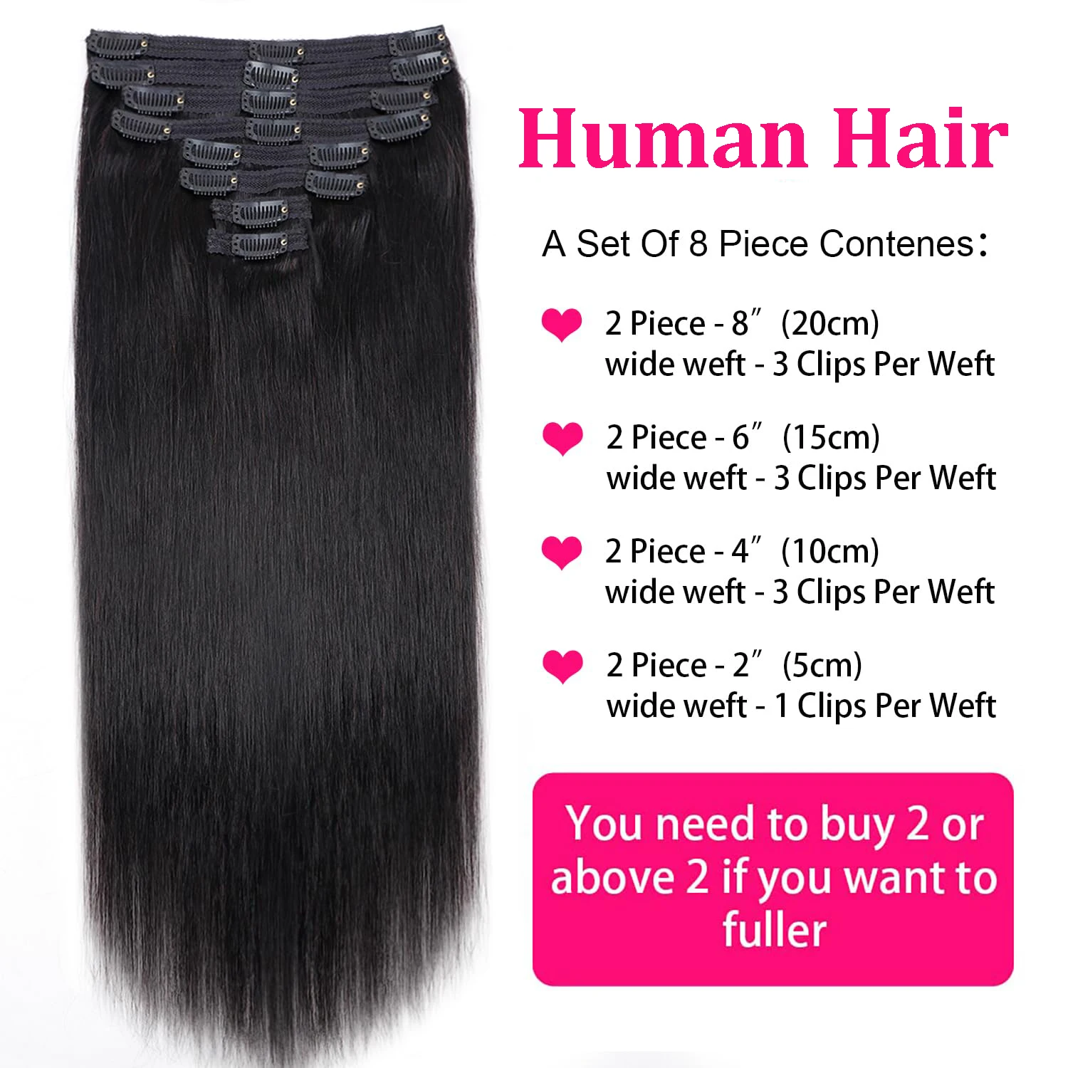 Straight Clip In Hair Extensions Remy Human Hair Natural Black Clip-On HairPiece Full Head Thick 8Pcs/Sets For Women 120G