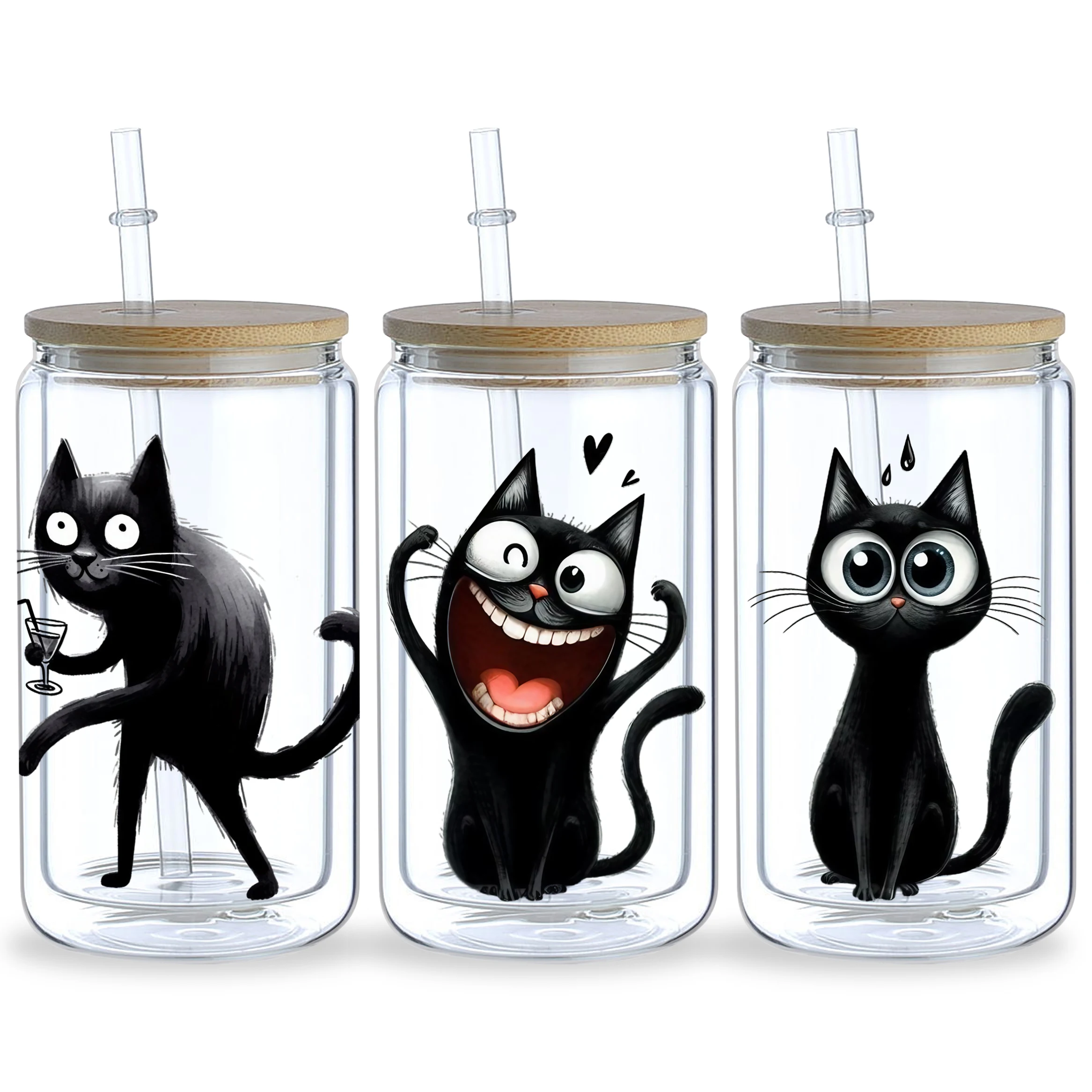 14pcs Funny Black Cat UV DTF Transfer Stickers Mug Waterproof Stickers for DIY Crafts for 16 oz glass