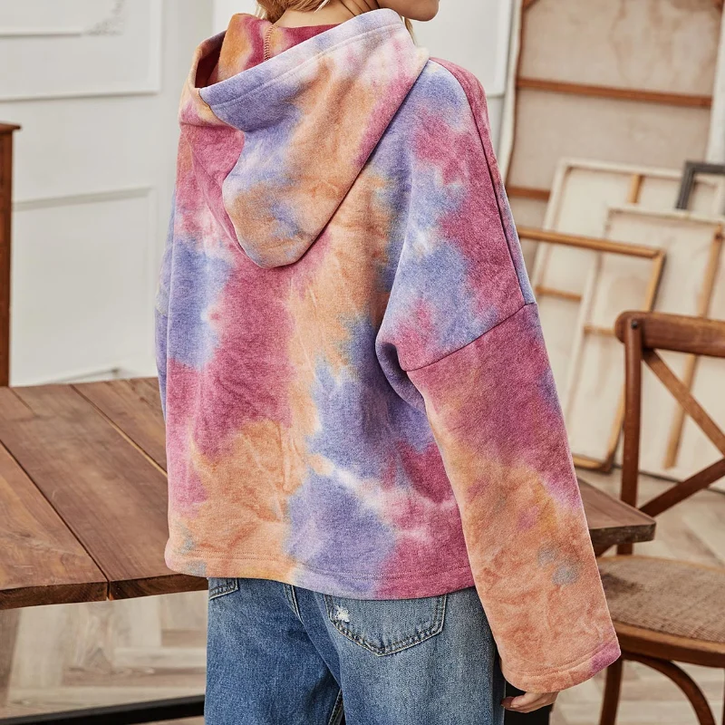  Spring Fashion Tie-dye Hooded Sweatshirt Women Autumn Long Sleeve Print Loose Pullover with Big Pocket Hoodies Streetwear