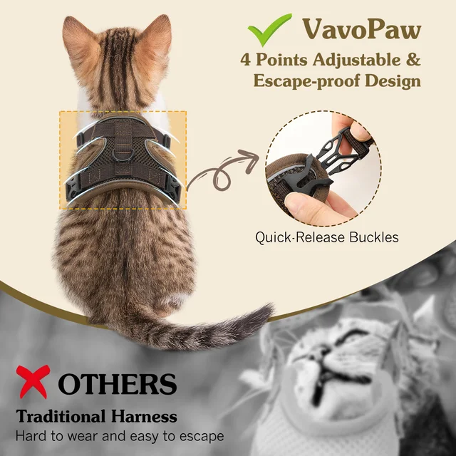 VavoPaw Cat Harness and Leash Set for Walking Adjustable Kitten Vest Harness with Reflective Strip Breathable Mesh Cat Harness 4