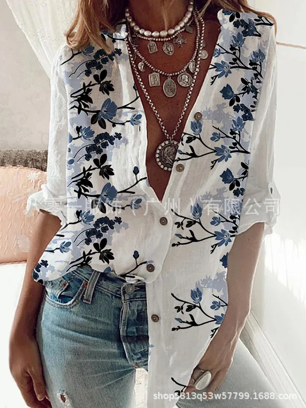 

Women's Blouse 2022 Fall New V Neck Long Sleeve Shirts Multicolor Print Loose Button Shirts Casual Blouse Tops