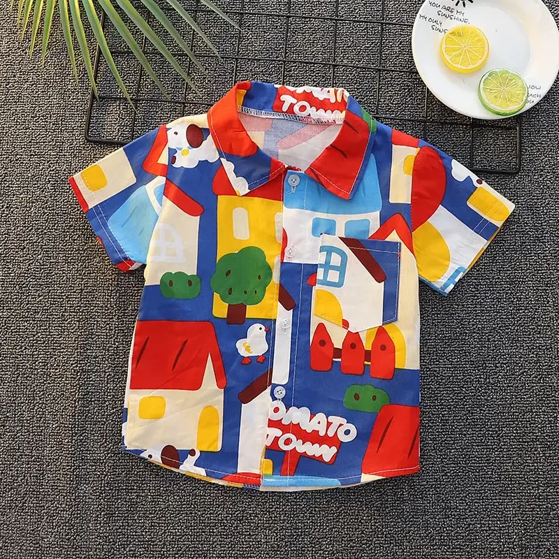HoneyCherry Summer Boy's Cartoon Short-sleeved Shirt New Casual Shirt Boys Clothes