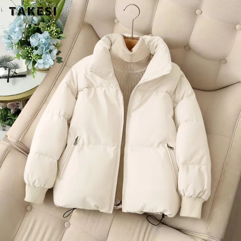 

2023 Autumn Winter Korean Casual Basics Style Zipper Parkas Jacket For Women Oversized Outerwear Fashion Warm Thick Solid Coat