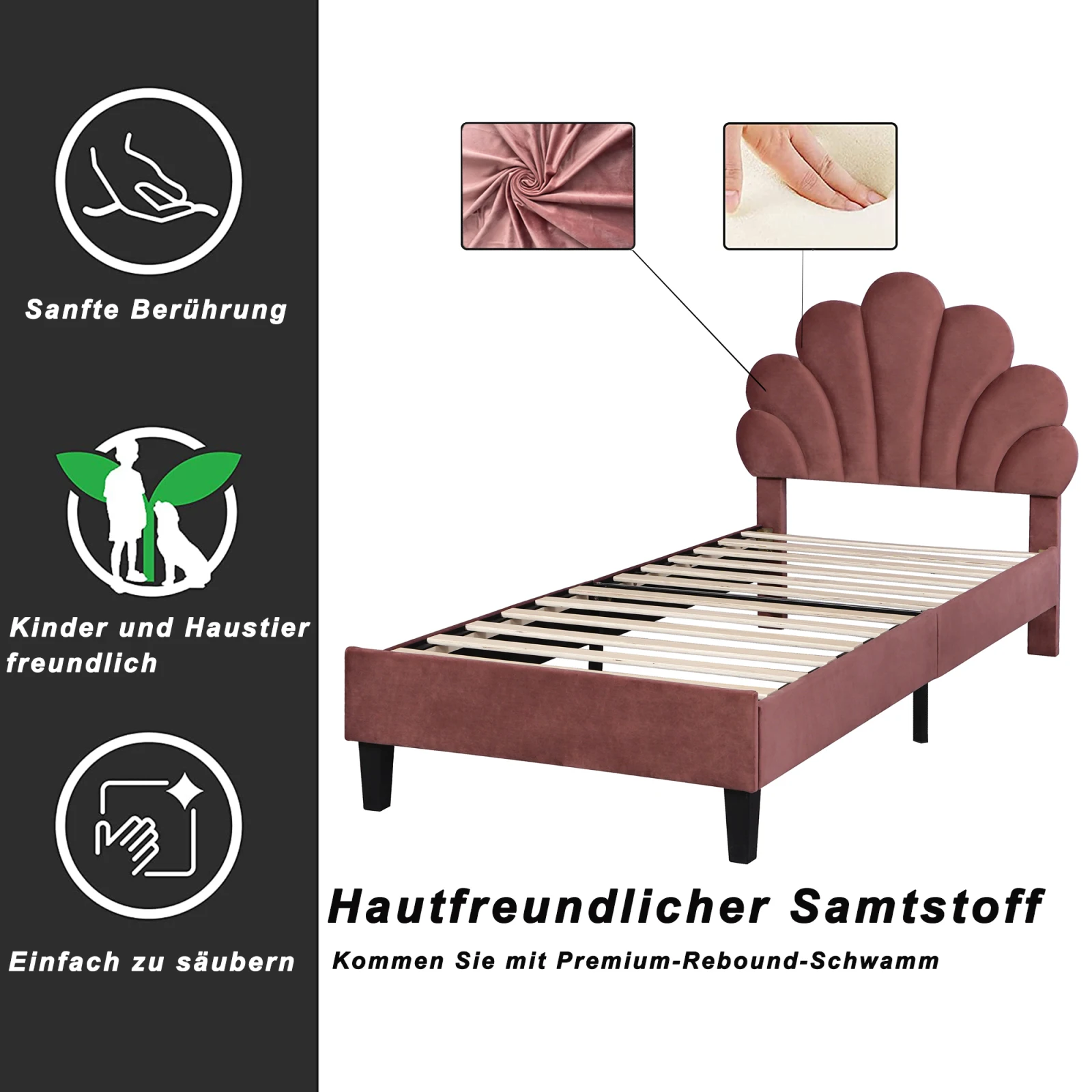 Rosahqnda Kinderbett Einzelbett Polsterbett 90x200cm Blumenkopfteil und Lattenrost aus Stoff für Mädchen ohne Matratze – Detail 12
