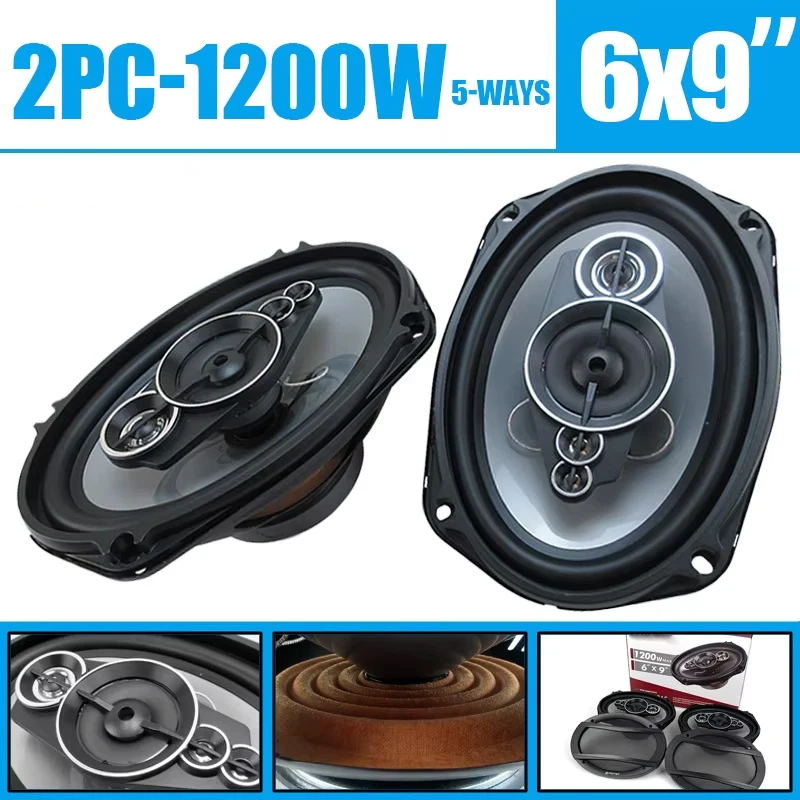 6X9 Inch 2400W 5 Way Car Audio High Fidelity Full Frequency Coaxial Speaker Tweeter Truck Vehicle Modified Woofer 2PCS 2X1200W
