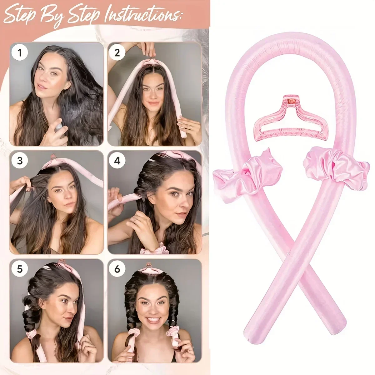 Hair Styling Tool Set Pink Satin Heatless Curling Rods + Shower Cap + Vent Brush for Curling Coloring Hair Care 4-in-1 Kit