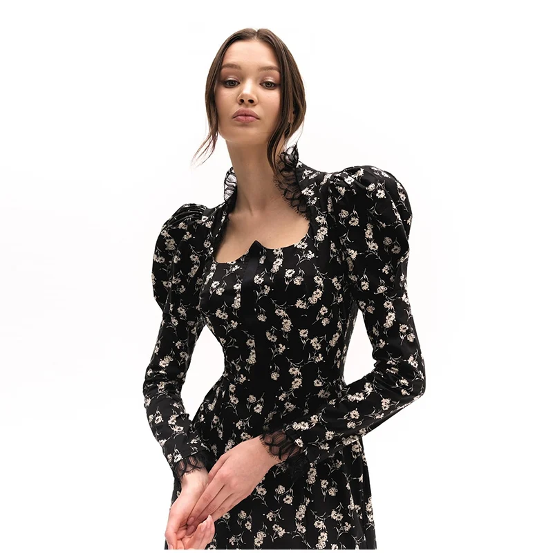 Vintage Floral Square Collar Long Dresses Women Elegant Puff Sleeve Lace Patchwork Maxi Dress Female Spring Chic Street Evening