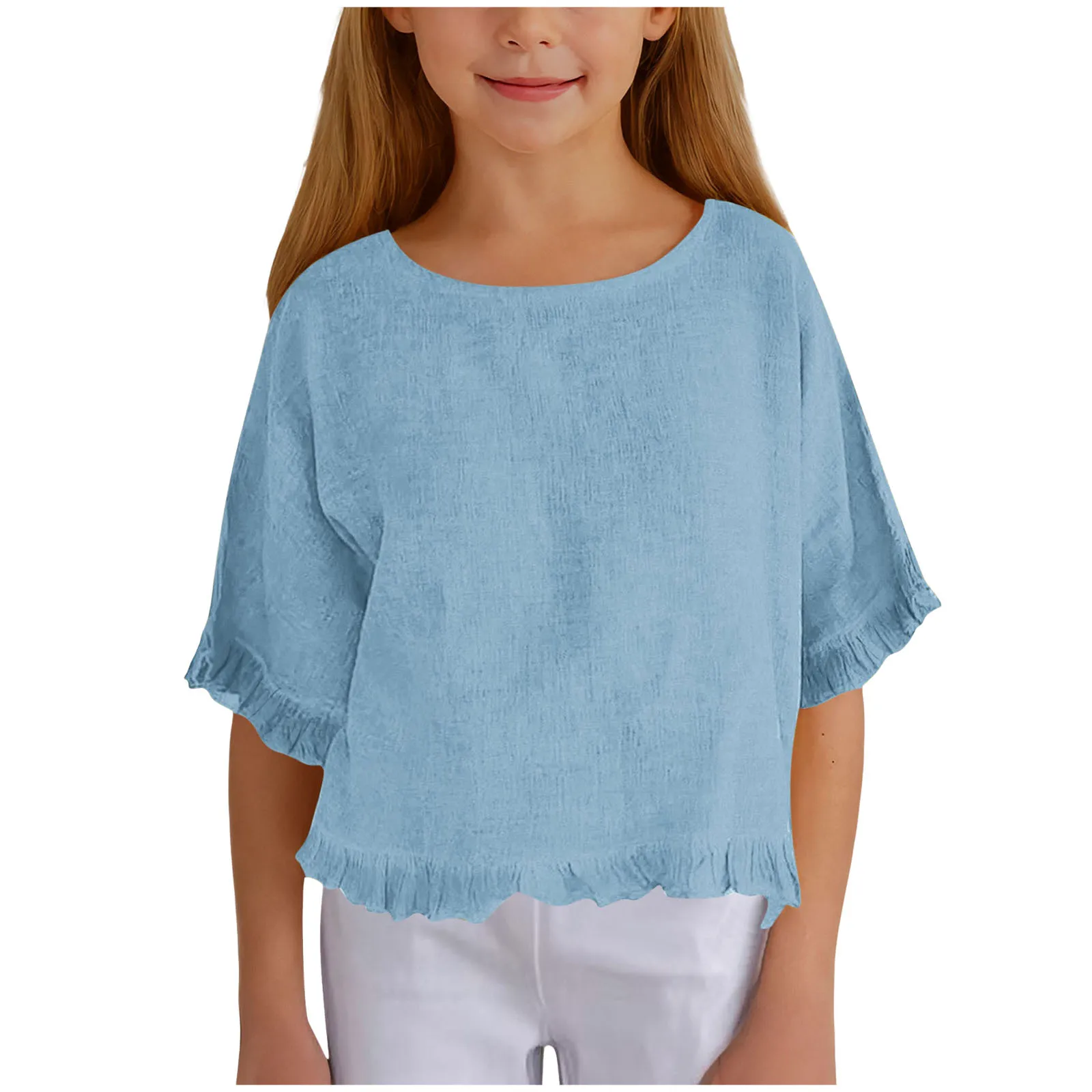 여아 코튼 탑 루즈핏 러플 밑단 크루넥 드레시 반팔 코튼 린넨 블라우스 2026 트렌디 키즈 반팔 티셔츠