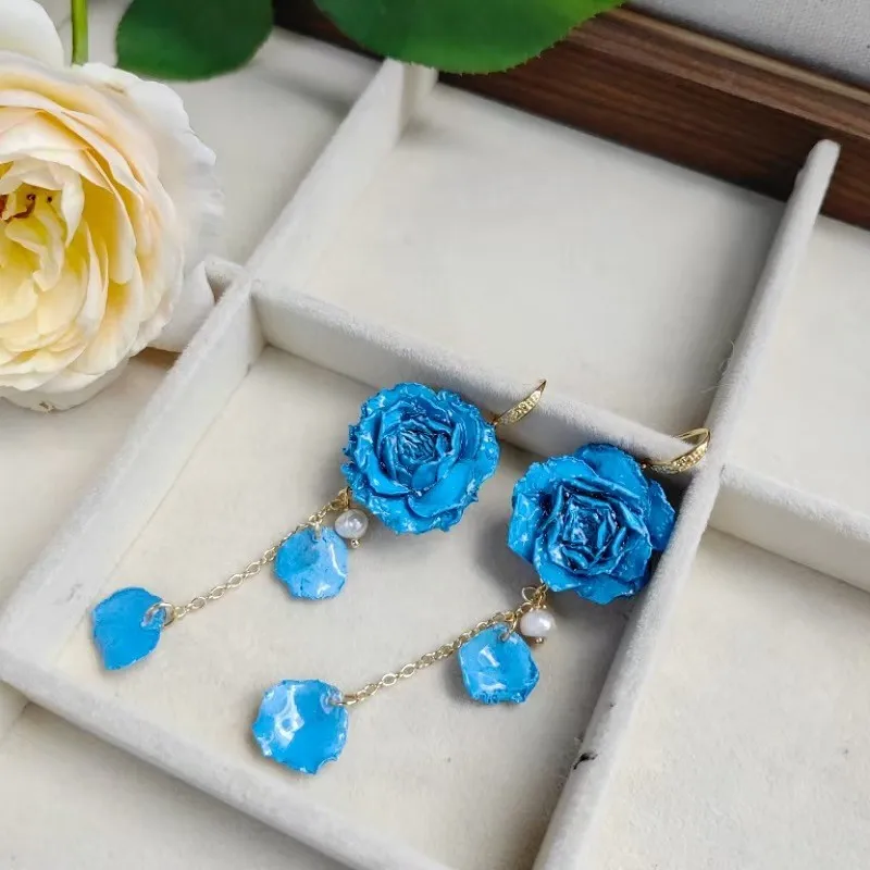 Elegant Immortal Rose Long Earrings Epoxy Resin Real Rose Flower 6